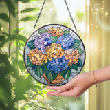 Hydrangea Bouquet Stained Glass Suncatcher, Round Colorful Floral Window Panel, Bright Garden Flower Glass Art Home Decor