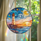 Lighthouse Stained Glass Suncatcher, Round Coastal Ocean Sunset Panel with Waves and Starry Sky, Nautical Beach House Window Decor