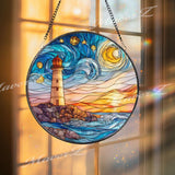 Lighthouse Stained Glass Suncatcher, Round Coastal Ocean Sunset Panel with Waves and Starry Sky, Nautical Beach House Window Decor
