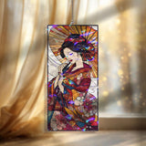 Geisha Acrylic Suncatcher, Stained Glass Style Japanese Woman with Parasol and Kimono, Elegant Floral Window Panel Asian Art Home Decor