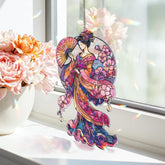 Geisha Acrylic Suncatcher, Stained Glass Style Japanese Woman with Fan and Cherry Blossoms, Elegant Asian Window Panel Home Decor Gift