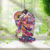 Geisha Acrylic Suncatcher, Stained Glass Style Japanese Woman with Fan and Cherry Blossoms, Elegant Asian Window Panel Home Decor Gift