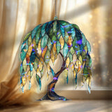 Willow Tree Acrylic Suncatcher, Stained Glass Style Nature Window Hanging with Green and Blue Leaves, Boho Forest Home Decor Gift