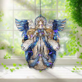 Angel Acrylic Suncatcher, Stained Glass Style Guardian Angel with Blue Wings and Flowing Gown, Spiritual Window Hanging Home Decor Gift