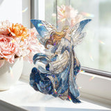 Angel Acrylic Suncatcher, Stained Glass Style Guardian Angel with Flowing Gown and Blue Wings, Spiritual Window Hanging Religious Home Decor