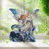 Angel Acrylic Suncatcher, Stained Glass Style Guardian Angel with Flowing Gown and Blue Wings, Spiritual Window Hanging Religious Home Decor