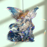 Angel Acrylic Suncatcher, Stained Glass Style Guardian Angel with Flowing Gown and Blue Wings, Spiritual Window Hanging Religious Home Decor