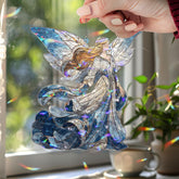 Angel Acrylic Suncatcher, Stained Glass Style Guardian Angel with Flowing Gown and Blue Wings, Spiritual Window Hanging Religious Home Decor