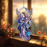 Angel Acrylic Suncatcher, Stained Glass Style Guardian with Golden Wings and Staff, Spiritual Window Hanging Religious Home Decor Gift