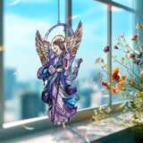 Angel Acrylic Suncatcher, Stained Glass Style Guardian with Golden Wings and Staff, Spiritual Window Hanging Religious Home Decor Gift