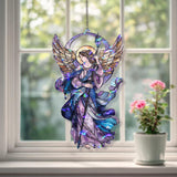 Angel Acrylic Suncatcher, Stained Glass Style Guardian with Golden Wings and Staff, Spiritual Window Hanging Religious Home Decor Gift