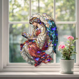 Angel Reading Book Acrylic Suncatcher, Stained Glass Style Guardian with Halo and Wings, Spiritual Window Hanging Religious Home Decor Gift