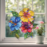Hibiscus Flower Acrylic Suncatcher, Stained Glass Style Tropical Window Hanging with Red Yellow Blue Blooms, Garden Nature Home Decor Gift