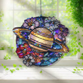 Saturn Planet Acrylic Suncatcher, Stained Glass Style Space Window Hanging with Colorful Flowers, Cosmic Galaxy Home Decor Gift