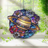 Saturn Planet Acrylic Suncatcher, Stained Glass Style Space Window Hanging with Colorful Flowers, Cosmic Galaxy Home Decor Gift