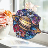 Saturn Planet Acrylic Suncatcher, Stained Glass Style Space Window Hanging with Colorful Flowers, Cosmic Galaxy Home Decor Gift