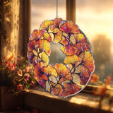 Ginkgo Leaf Acrylic Suncatcher, Stained Glass Style Round Window Hanging with Golden Autumn Leaves, Nature Inspired Home Decor Gift