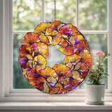 Ginkgo Leaf Acrylic Suncatcher, Stained Glass Style Round Window Hanging with Golden Autumn Leaves, Nature Inspired Home Decor Gift