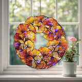 Ginkgo Leaf Acrylic Suncatcher, Stained Glass Style Round Window Hanging with Golden Autumn Leaves, Nature Inspired Home Decor Gift