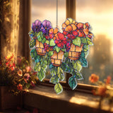 Hanging Flower Pots Acrylic Suncatcher, Stained Glass Style Colorful Blooms and Green Leaves Window Panel, Garden Nature Home Decor Gift