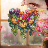 Hanging Flower Pots Acrylic Suncatcher, Stained Glass Style Colorful Blooms and Green Leaves Window Panel, Garden Nature Home Decor Gift