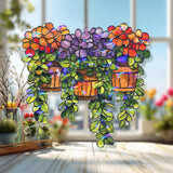 Hanging Basket Flower Acrylic Suncatcher, Stained Glass Style Orange Red Purple Blooms with Green Leaves, Garden Window Decor Gift
