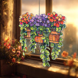 Hanging Basket Flower Acrylic Suncatcher, Stained Glass Style Orange Red Purple Blooms with Green Leaves, Garden Window Decor Gift