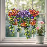 Hanging Basket Flower Acrylic Suncatcher, Stained Glass Style Orange Red Purple Blooms with Green Leaves, Garden Window Decor Gift
