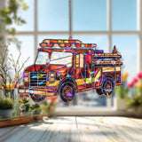 Fire Truck Acrylic Suncatcher, Stained Glass Style Red Emergency Vehicle Window Hanging, Firefighter Home Decor Gift for Kids and Adults
