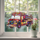 Fire Truck Acrylic Suncatcher, Stained Glass Style Red Emergency Vehicle Window Hanging, Firefighter Home Decor Gift for Kids and Adults