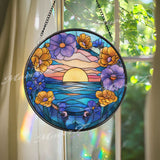 Sunset Ocean Stained Glass Suncatcher, Round Floral Window Panel with Waves and Flowers, Coastal Beach Glass Art Home Decor Gift