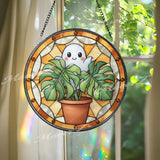 Ghost Monstera Stained Glass Suncatcher, Round Cute Plant Window Panel with Terracotta Pot, Whimsical Halloween Glass Art Home Decor Gift