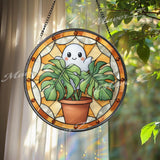 Ghost Monstera Stained Glass Suncatcher, Round Cute Plant Window Panel with Terracotta Pot, Whimsical Halloween Glass Art Home Decor Gift