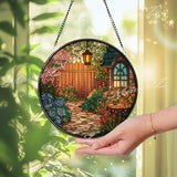 Garden Path Stained Glass Suncatcher, Round Cottage Flower Window Panel with Lantern and Gate, Cozy Home Decor Glass Art Gift