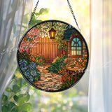 Garden Path Stained Glass Suncatcher, Round Cottage Flower Window Panel with Lantern and Gate, Cozy Home Decor Glass Art Gift