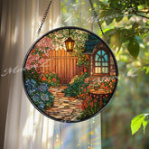 Garden Path Stained Glass Suncatcher, Round Cottage Flower Window Panel with Lantern and Gate, Cozy Home Decor Glass Art Gift