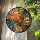Garden Path Stained Glass Suncatcher, Round Cottage Flower Window Panel with Lantern and Gate, Cozy Home Decor Glass Art Gift