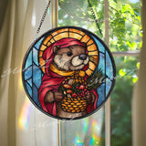 Otter Stained Glass Suncatcher, Round Woodland Animal with Red Cloak and Basket Window Panel, Cute Forest Glass Art Home Decor Gift