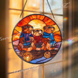 Groundhog Stained Glass Suncatcher, Round Three Marmots with Scarves Window Panel, Cute Animal Glass Art Woodland Nature Home Decor Gift