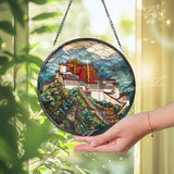 Potala Palace Stained Glass Suncatcher, Round Tibetan Landmark Mountain Window Panel, Travel Architecture Glass Art Home Decor Gift
