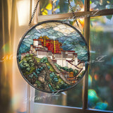 Potala Palace Stained Glass Suncatcher, Round Tibetan Landmark Mountain Window Panel, Travel Architecture Glass Art Home Decor Gift