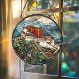 Potala Palace Stained Glass Suncatcher, Round Tibetan Landmark Mountain Window Panel, Travel Architecture Glass Art Home Decor Gift
