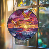 Seagull Stained Glass Suncatcher, Round Ocean Sunset Waves Window Panel, Coastal Nautical Bird Glass Art Beach Home Decor Gift