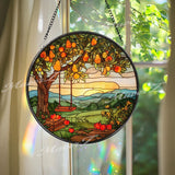 Fruit Tree Stained Glass Suncatcher, Round Orchard Swing Sunset Window Panel, Rustic Farmhouse Nature Glass Art Country Home Decor Gift