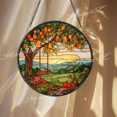 Fruit Tree Stained Glass Suncatcher, Round Orchard Swing Sunset Window Panel, Rustic Farmhouse Nature Glass Art Country Home Decor Gift