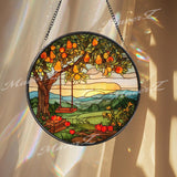 Fruit Tree Stained Glass Suncatcher, Round Orchard Swing Sunset Window Panel, Rustic Farmhouse Nature Glass Art Country Home Decor Gift