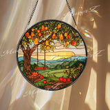 Fruit Tree Stained Glass Suncatcher, Round Orchard Swing Sunset Window Panel, Rustic Farmhouse Nature Glass Art Country Home Decor Gift