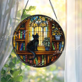 Black Cat Stained Glass Suncatcher, Round Window Bookshelf Library Panel, Cozy Reading Room Cat Lover Glass Art Home Decor Gift