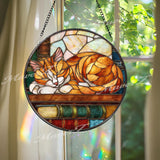 Cat Stained Glass Suncatcher, Oval Cozy Sleeping Tabby with Books Window Panel, Feline Lover Glass Art Library Reading Home Decor Gift