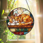 Cat Stained Glass Suncatcher, Oval Cozy Sleeping Tabby with Books Window Panel, Feline Lover Glass Art Library Reading Home Decor Gift